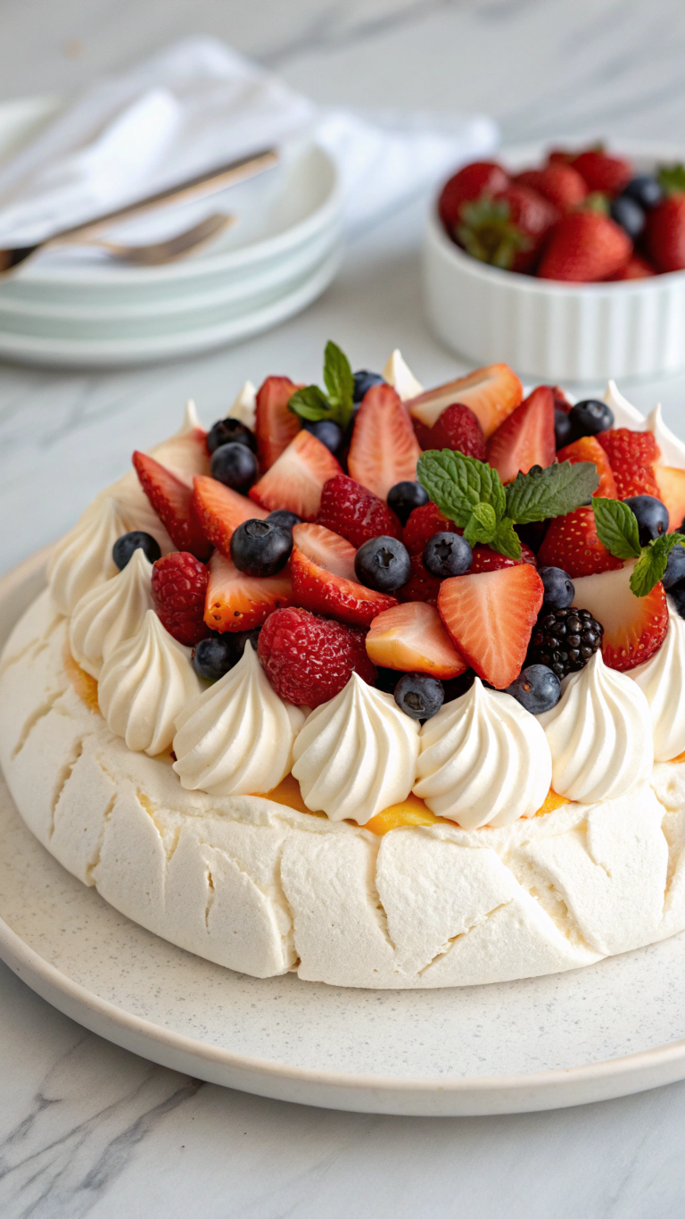 Citrus-Infused Pavlova with Mixed Berries and Whipped Coconut Cream