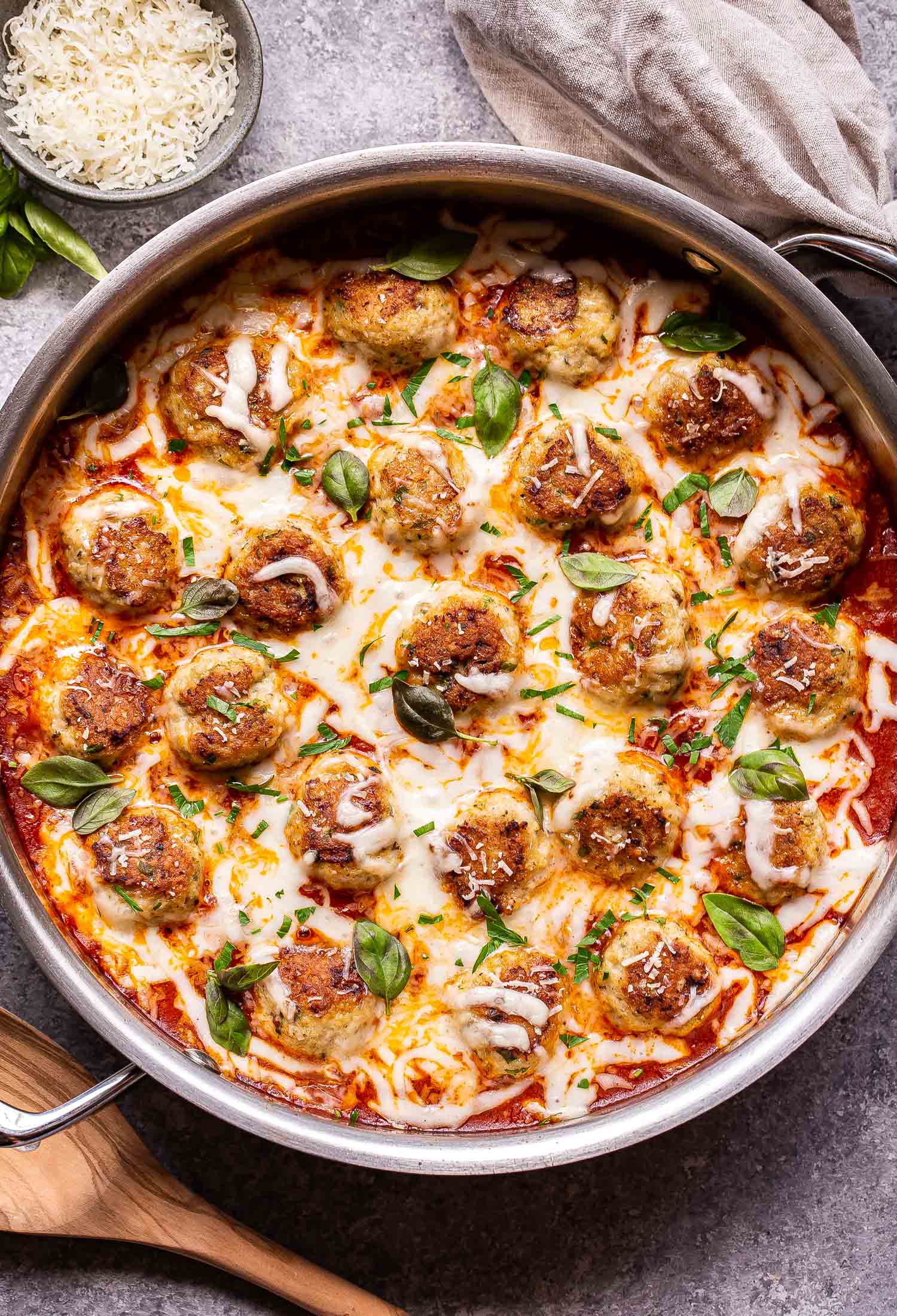Chicken Parmesan Meatball Bake with Mozzarella