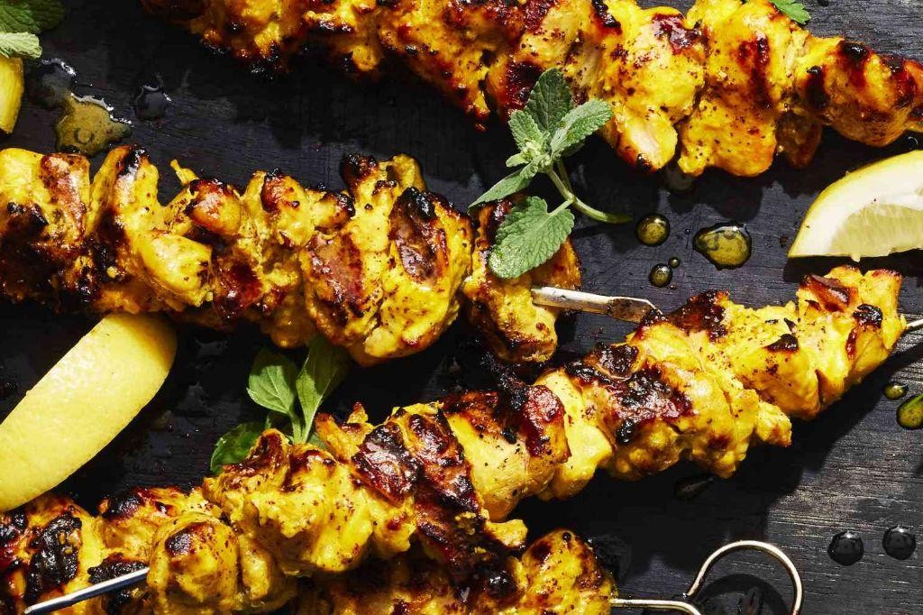 Saffron Mayonnaise with Grilled Chicken Skewers