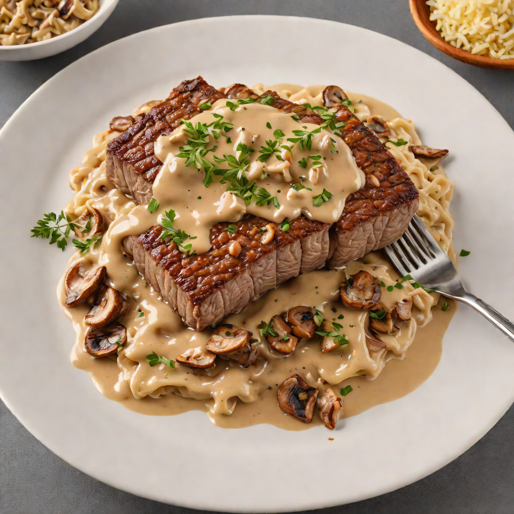 Baked Cube Steak with Cream of Mushroom and Caramelized Shallot Sauce