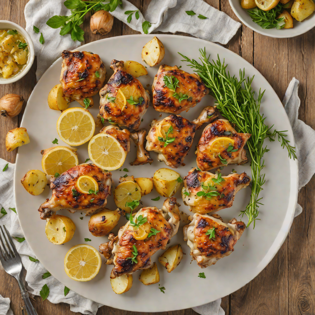 Baked Lemon-Thyme Chicken Thighs with Roasted Garlic Potatoes