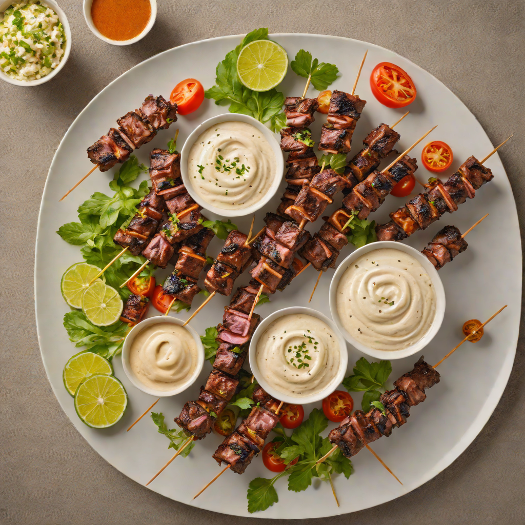 Grilled Coffee-Rubbed Beef Skewers with Spiced Yogurt Dip