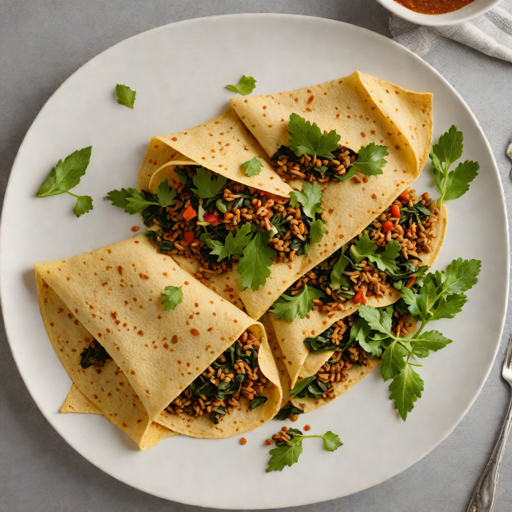 Injera Crêpe with Spiced Lentil and Collard Greens Filling