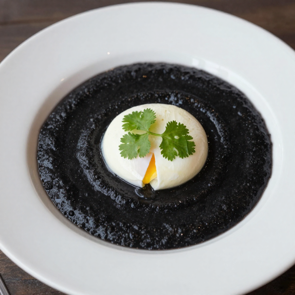 Sopa Negra with Poached Egg and Fresh Cilantro