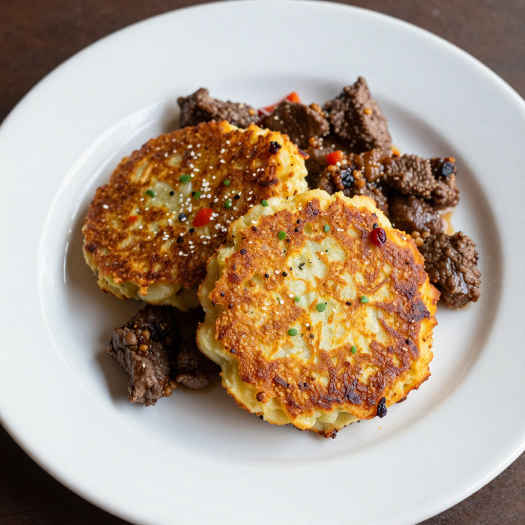 Bramborák Garlic Potato Pancakes with Paprika Beef Goulash