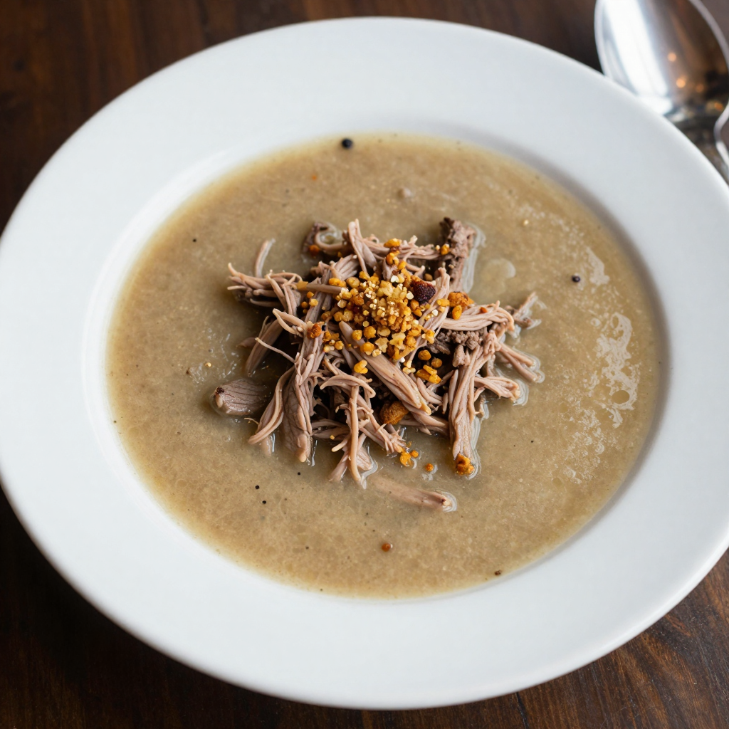 Česnečka Garlic Soup with Shredded Beef and Rye Croutons