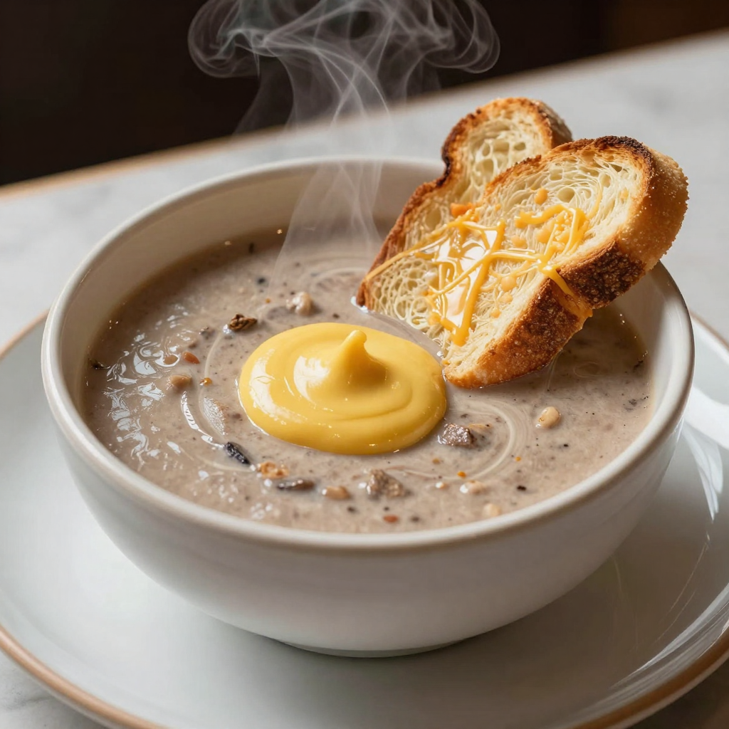 Rarebit Soup with Ale and Mustard and Cheddar Toasts