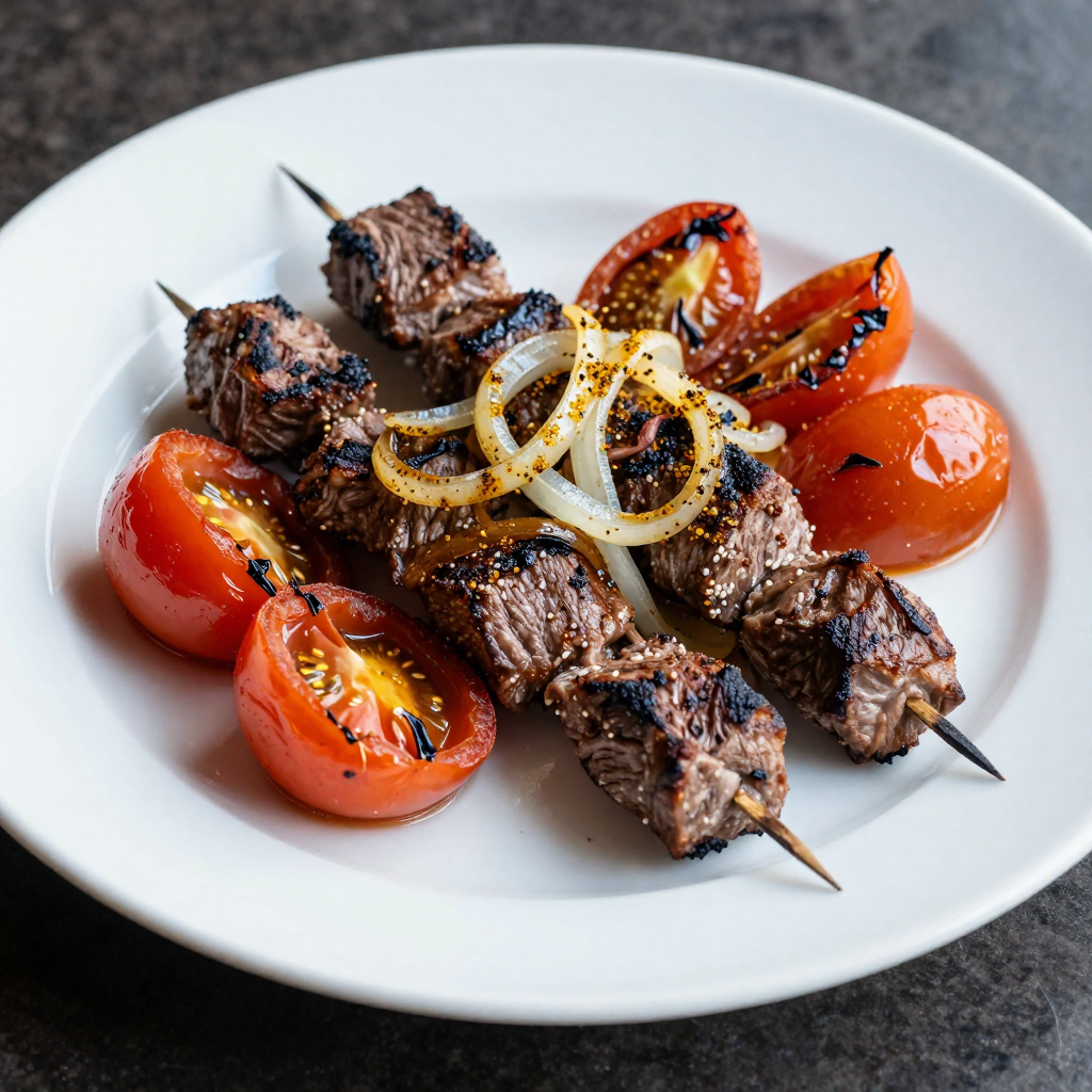 Charcoal-Grilled Beef Kebab with Sumac Onions and Blistered Tomatoes