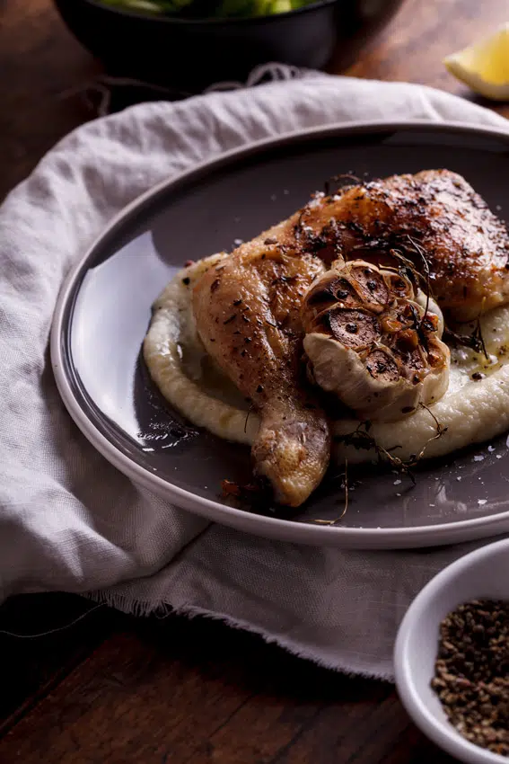 Rosemary-Garlic Roasted Chicken Thighs with Cauliflower Mash