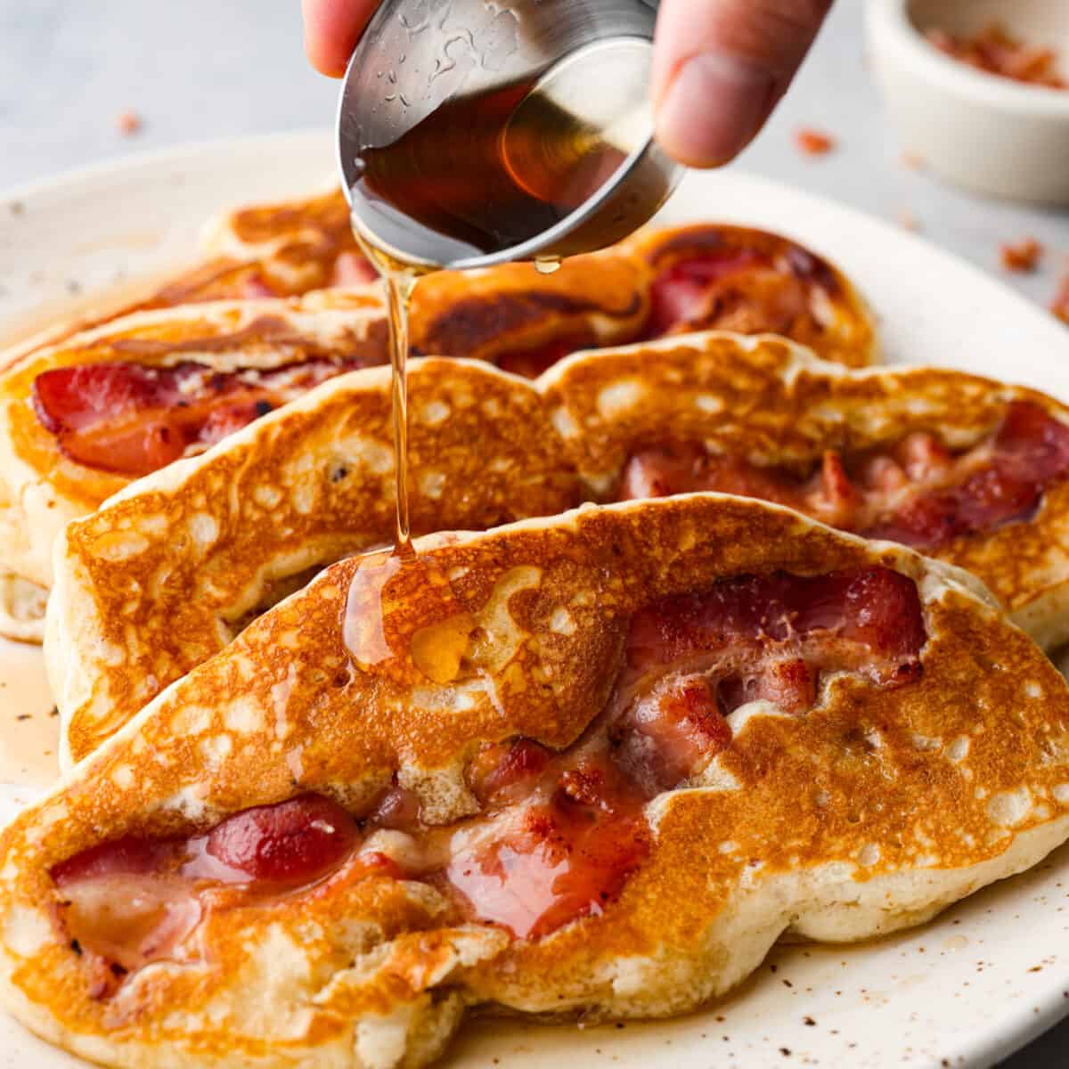 Crispy Bacon-Stuffed Buttermilk Pancakes with Raspberry Compote