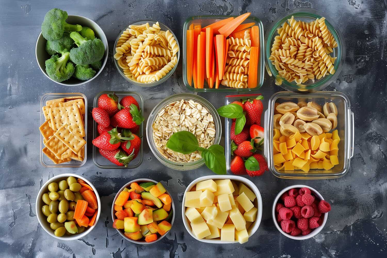 Variety of prepped snacks (crackers, fruit, cheese, pasta, vegetables) organized in containers
