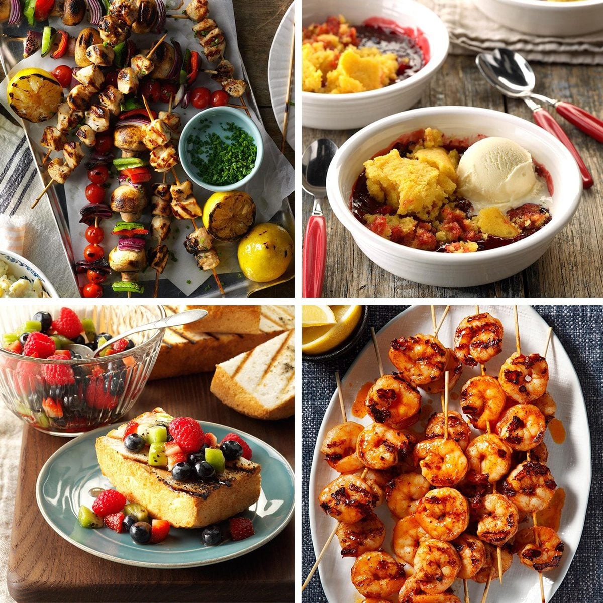 Collage of various grilled foods including vegetable and meat skewers, shrimp skewers, and sides