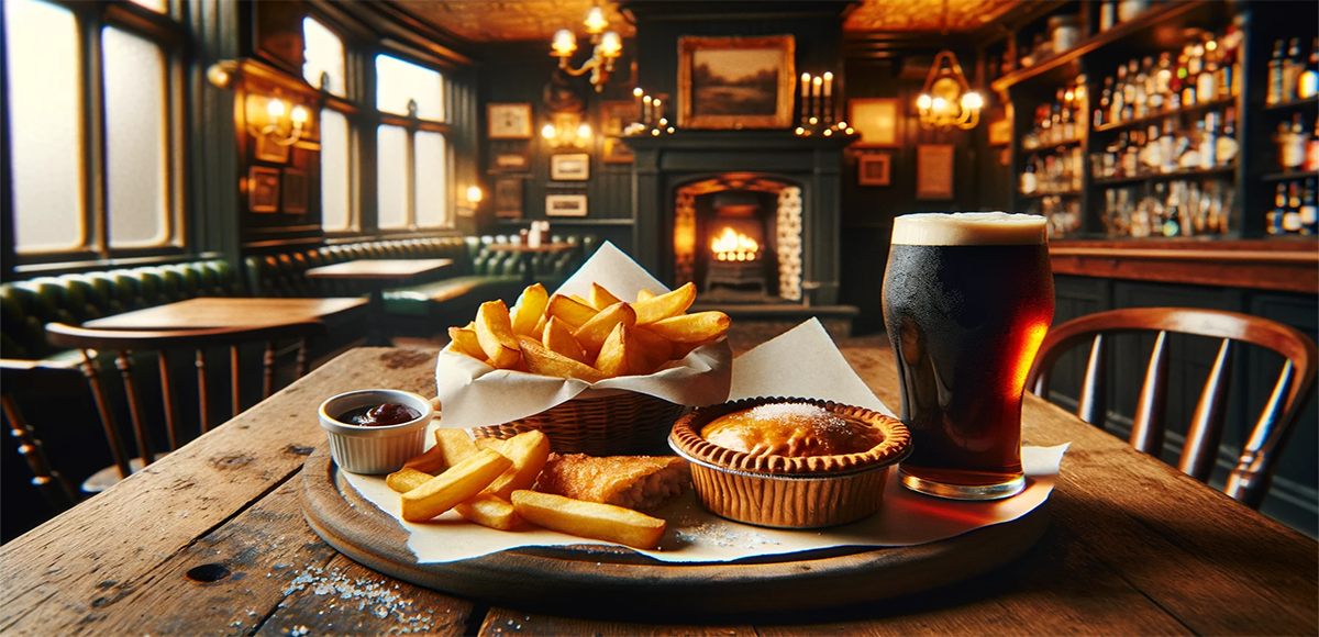 Classic British pub meal (fish and chips with a pint of beer) in a pub setting
