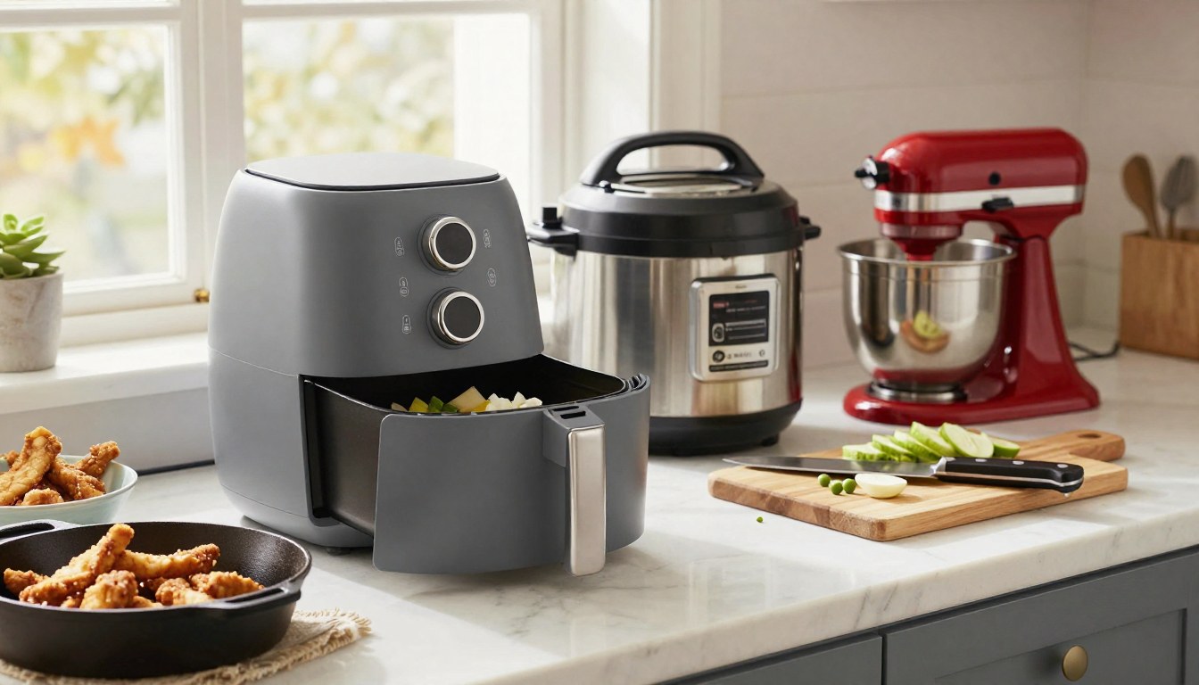 Air fryer, pressure cooker, stand mixer, chef knife, cast iron on a kitchen counter