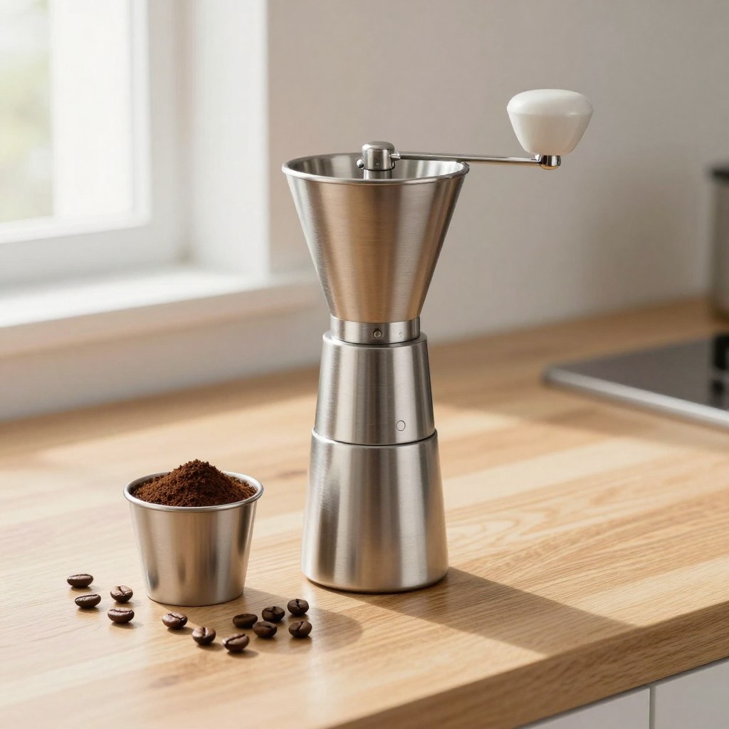Burr grinder on kitchen counter with ground coffee