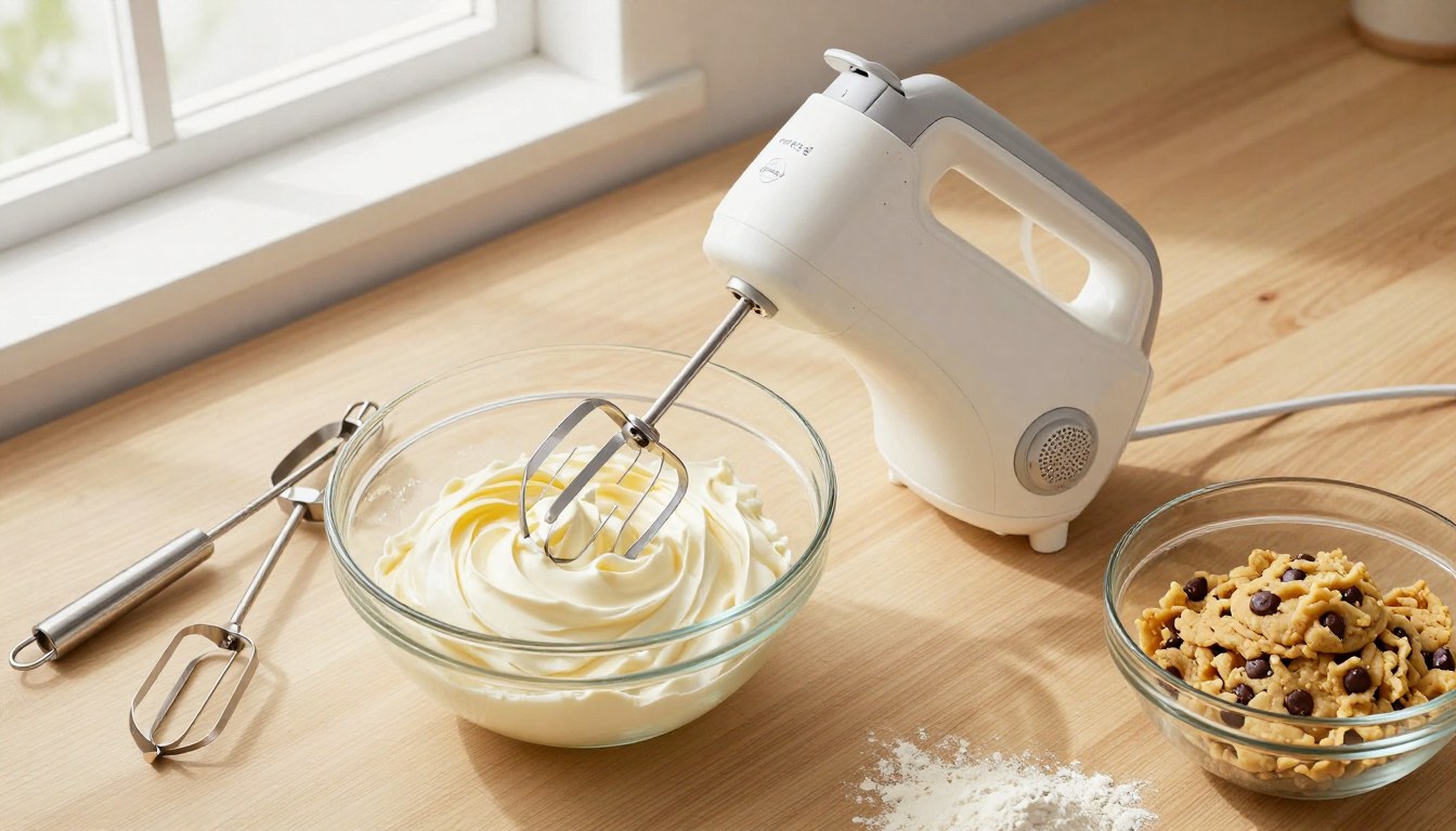 Electric hand mixer beside bowls of whipped buttercream and chocolate chip cookie dough