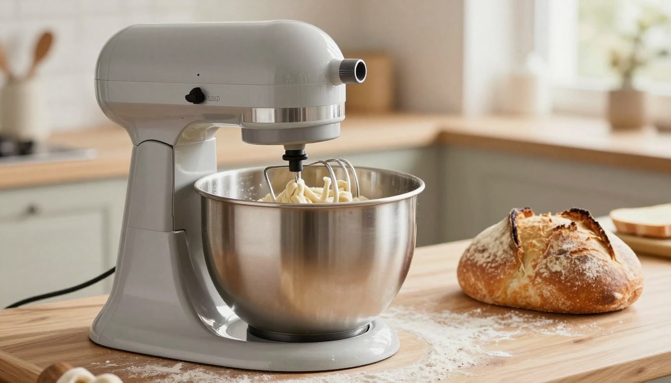 Bowl-lift stand mixer kneading bread dough beside a crusty loaf
